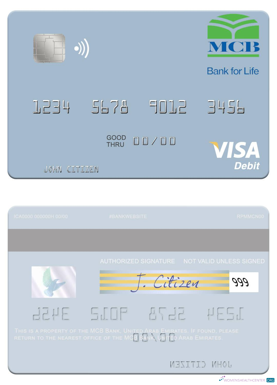 Editierbare Herunterladen Vereinigte Arabische Emirate MCB Bank Visa Debit Karte Photoshop Vorlage