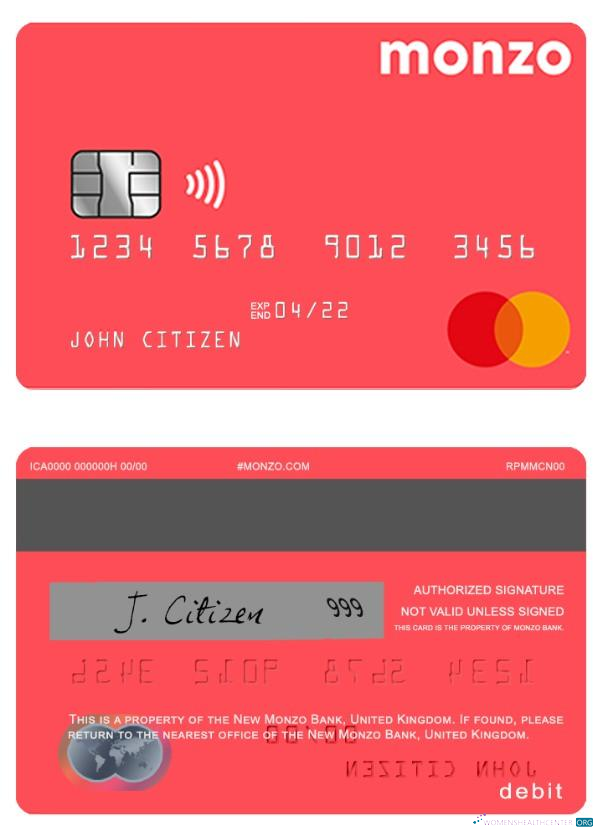 Professionelle Herunterladen Vereinigtes Königreich Monzo Bank Debit Mastercard Photoshop Vorlage