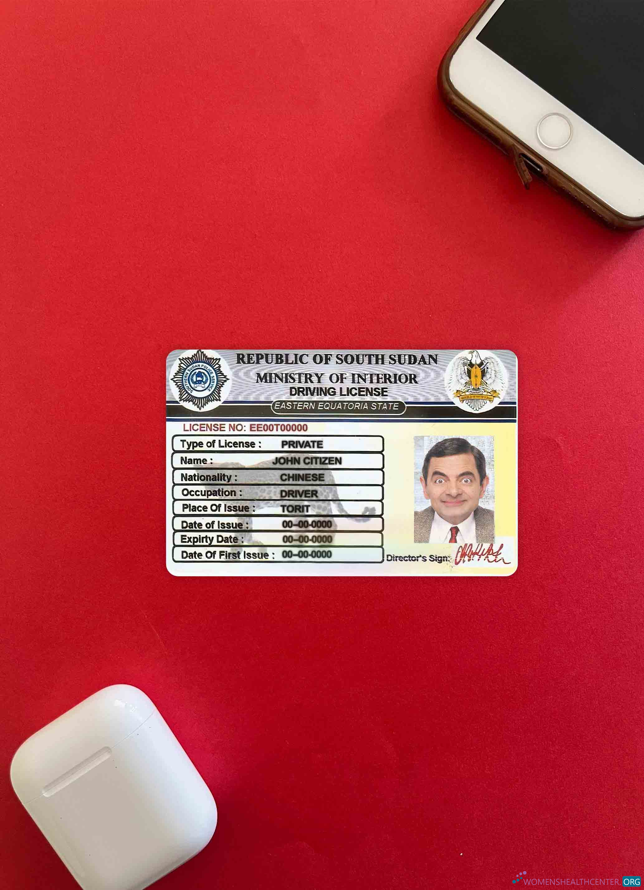 Редактируемый Скачать Южный Судан Driving License Фотоэффект Лицевая Сторона Photoshop Шаблон