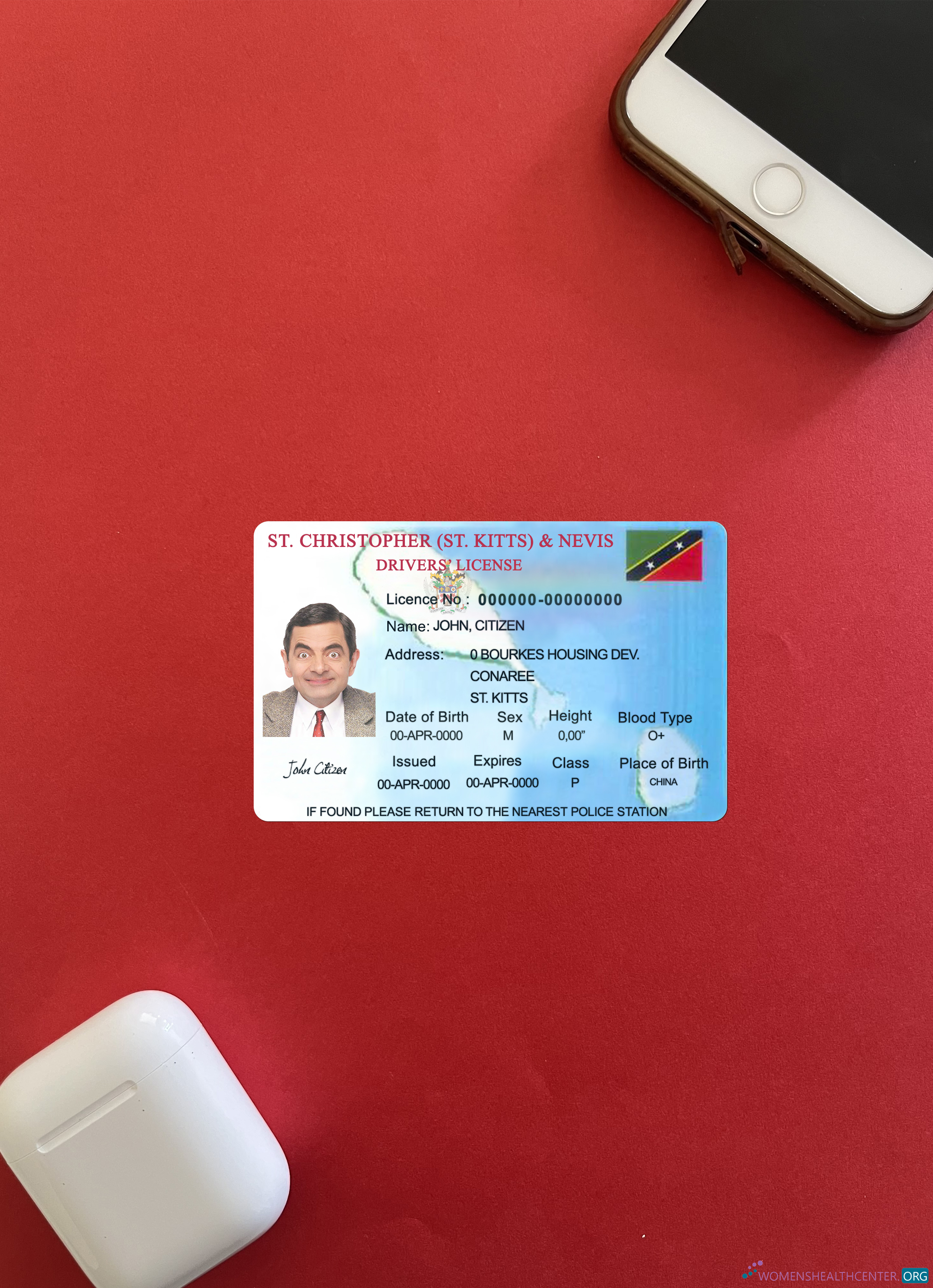 Профессиональный Скачать St Kitts & Nevis Driving License Фотоэффект Лицевая Сторона Photoshop Шаблон