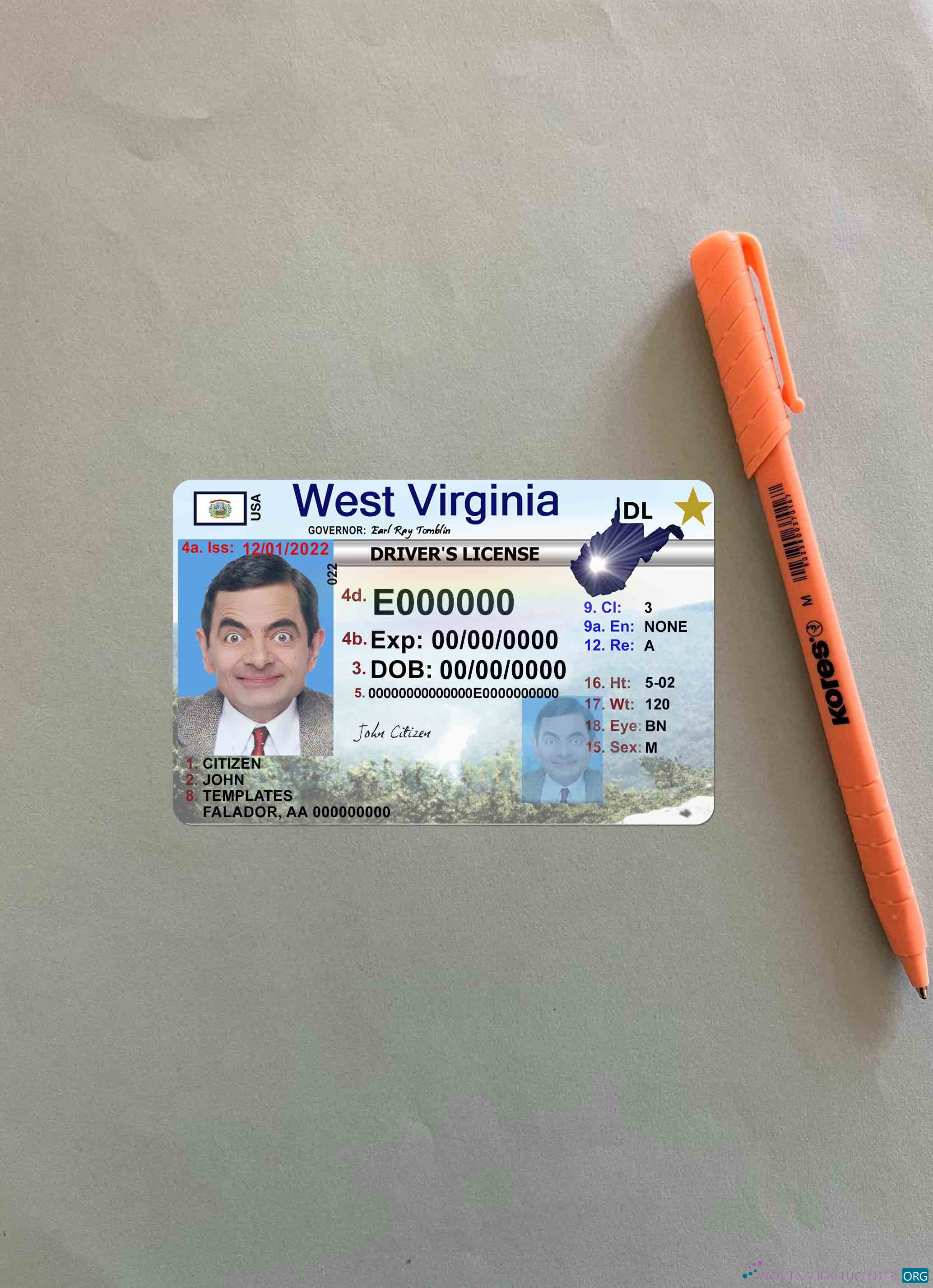 Редактируемый Скачать USA Западный Virgina Driving License Фотоэффект Лицевая Сторона Photoshop Шаблон