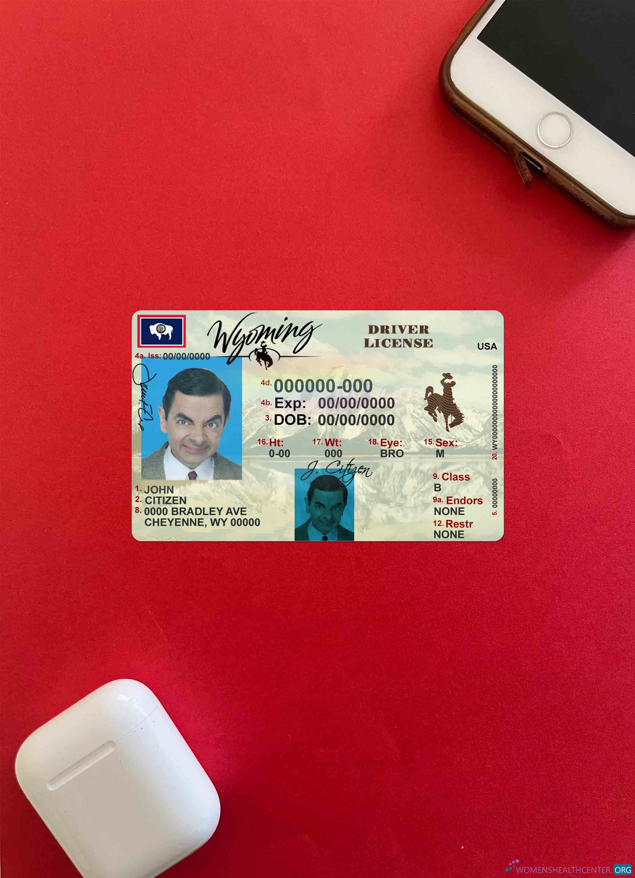 Премиум Скачать USA Wyoming Государственный Driving License Фотоэффект Лицевая Сторона Photoshop Шаблон