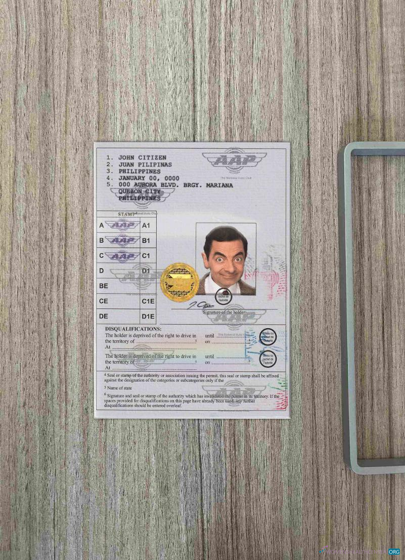 Филиппины Международный Driving Permit (Vienna Конвенционный Формат) Фотоэффект образец