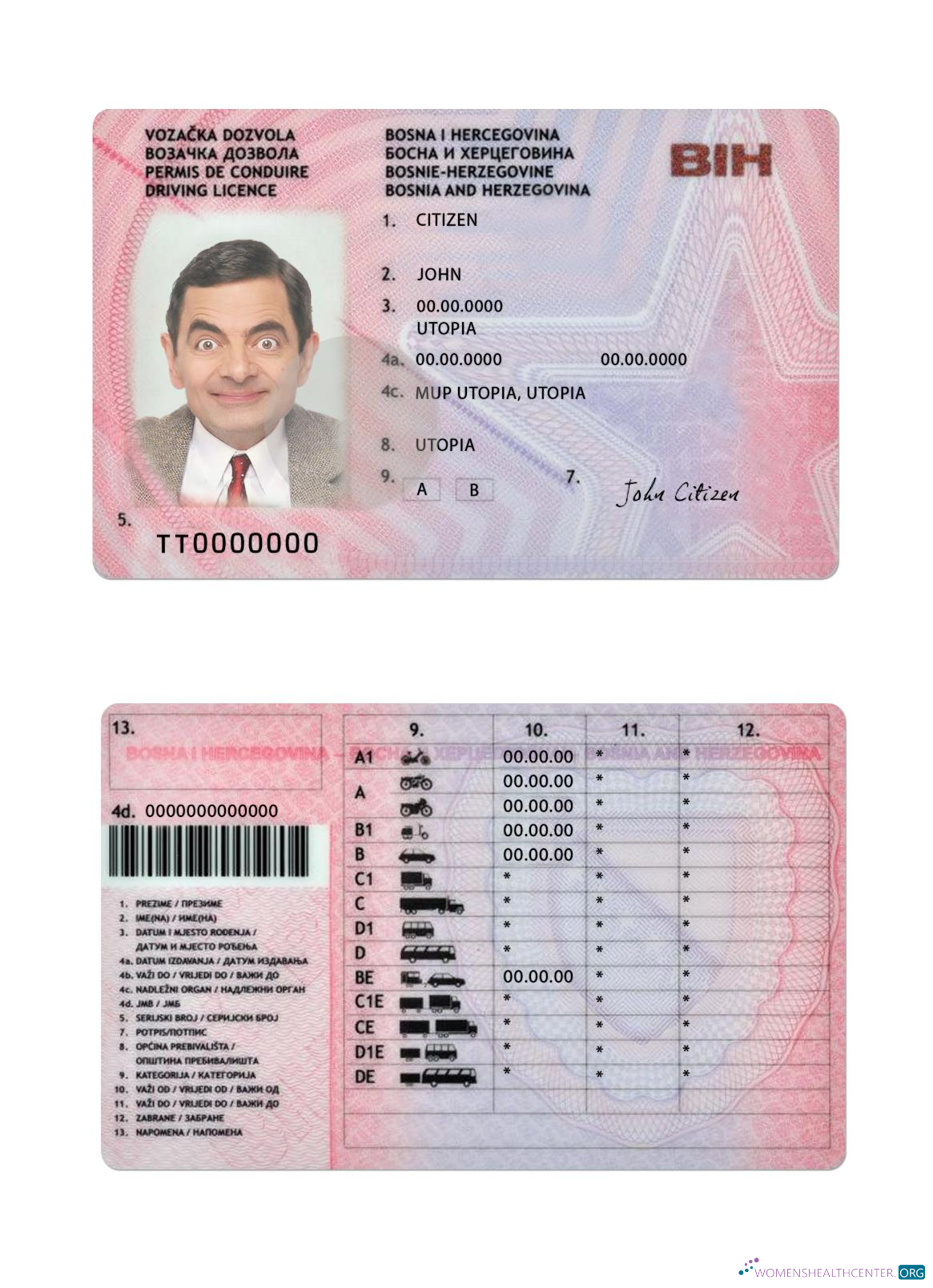 Télécharger Bosnie et Herzégovine Driving License Version 2 échantillon