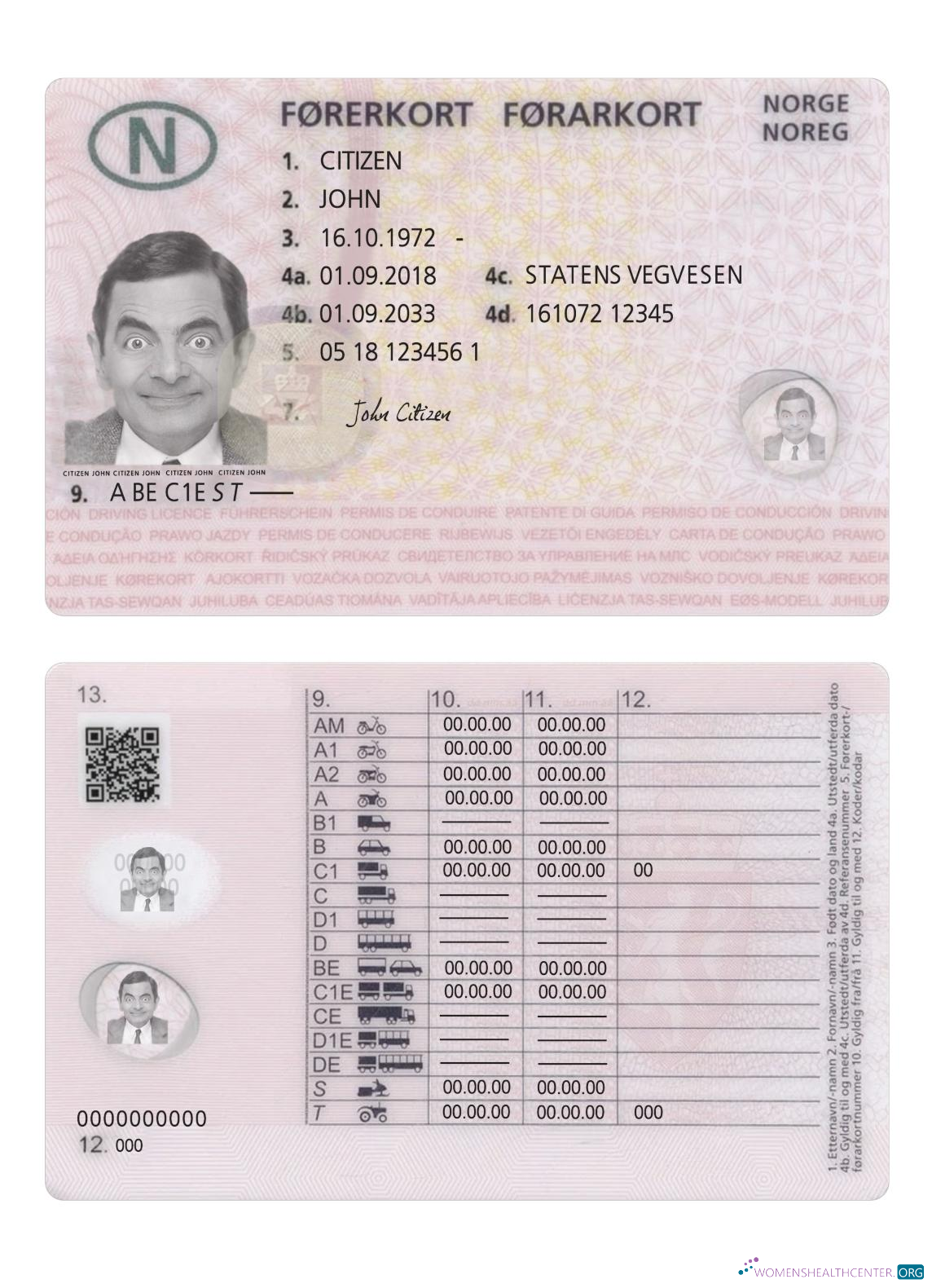 Télécharger Norvège Driving License 2018 Présent échantillon