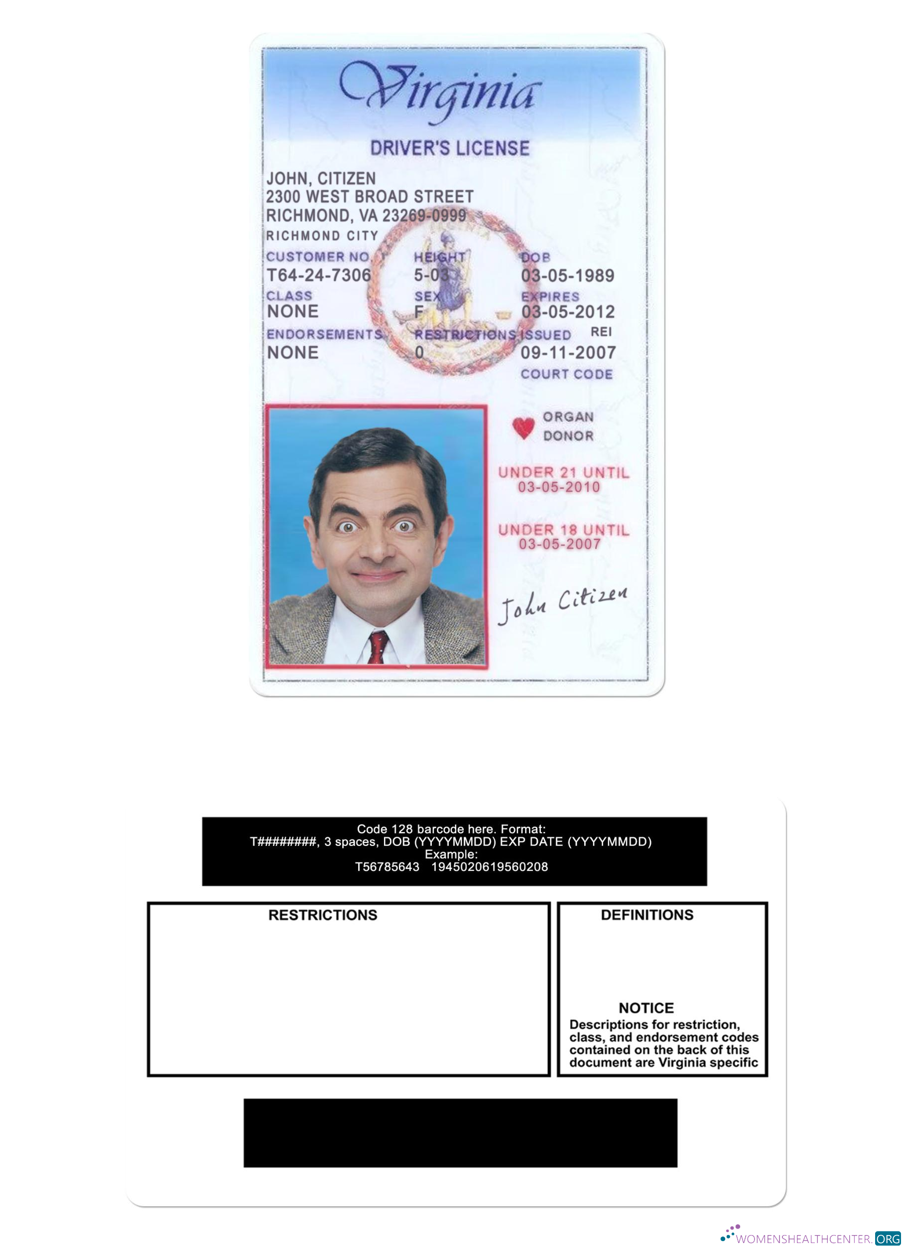 Télécharger USA Virginia Driving License Under 21 design