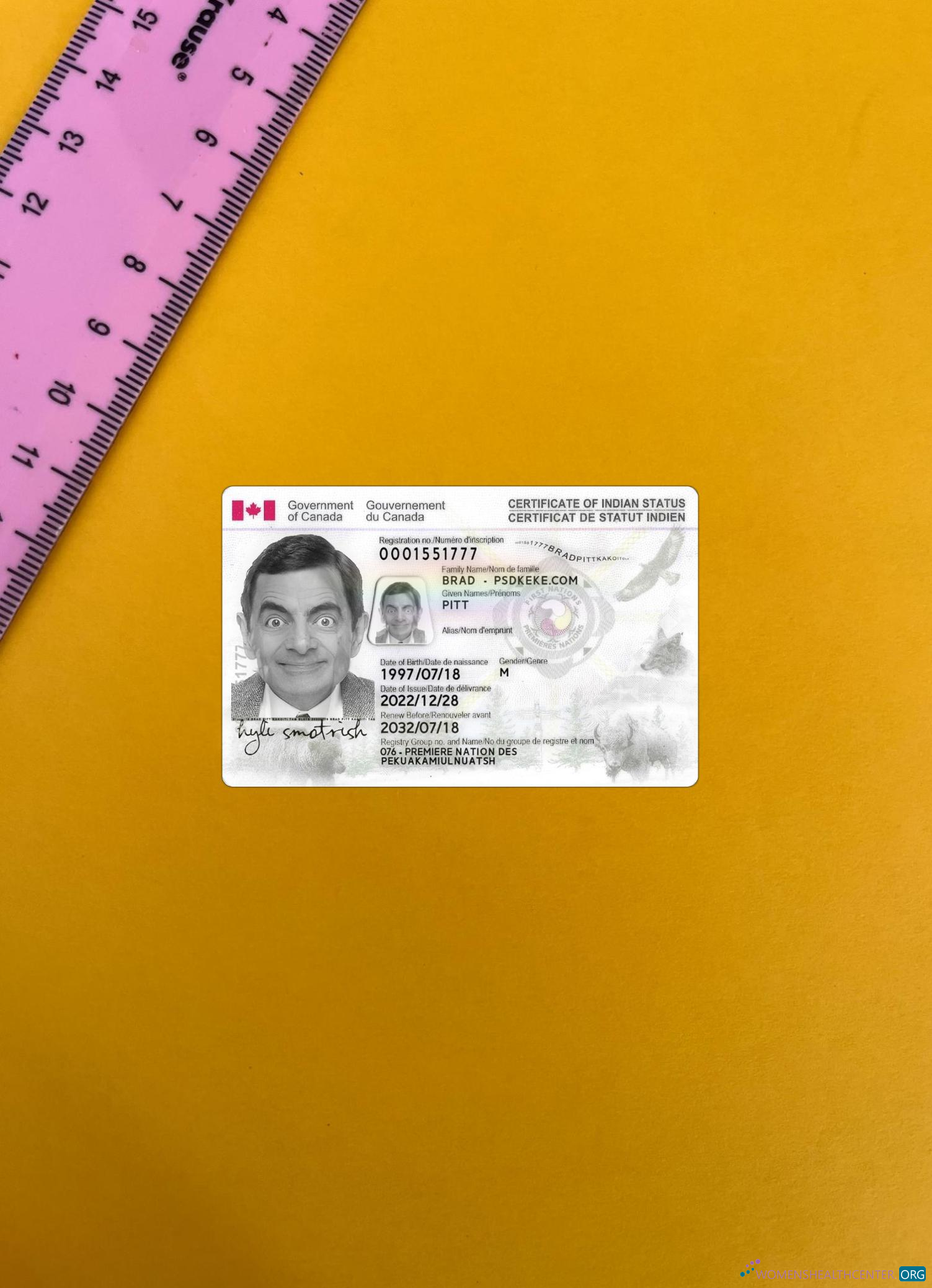 Редактируемый Скачать Канада Indian Status ID Карта Фотоэффект Лицевая Сторона Photoshop Шаблон