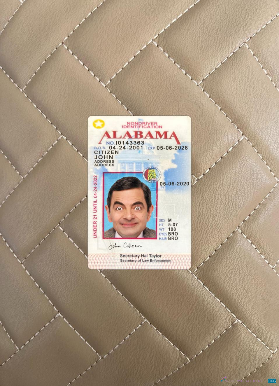 Качественный Скачать USA Alabama Under 21 ID Карта Фотоэффект Лицевая Сторона Photoshop Шаблон