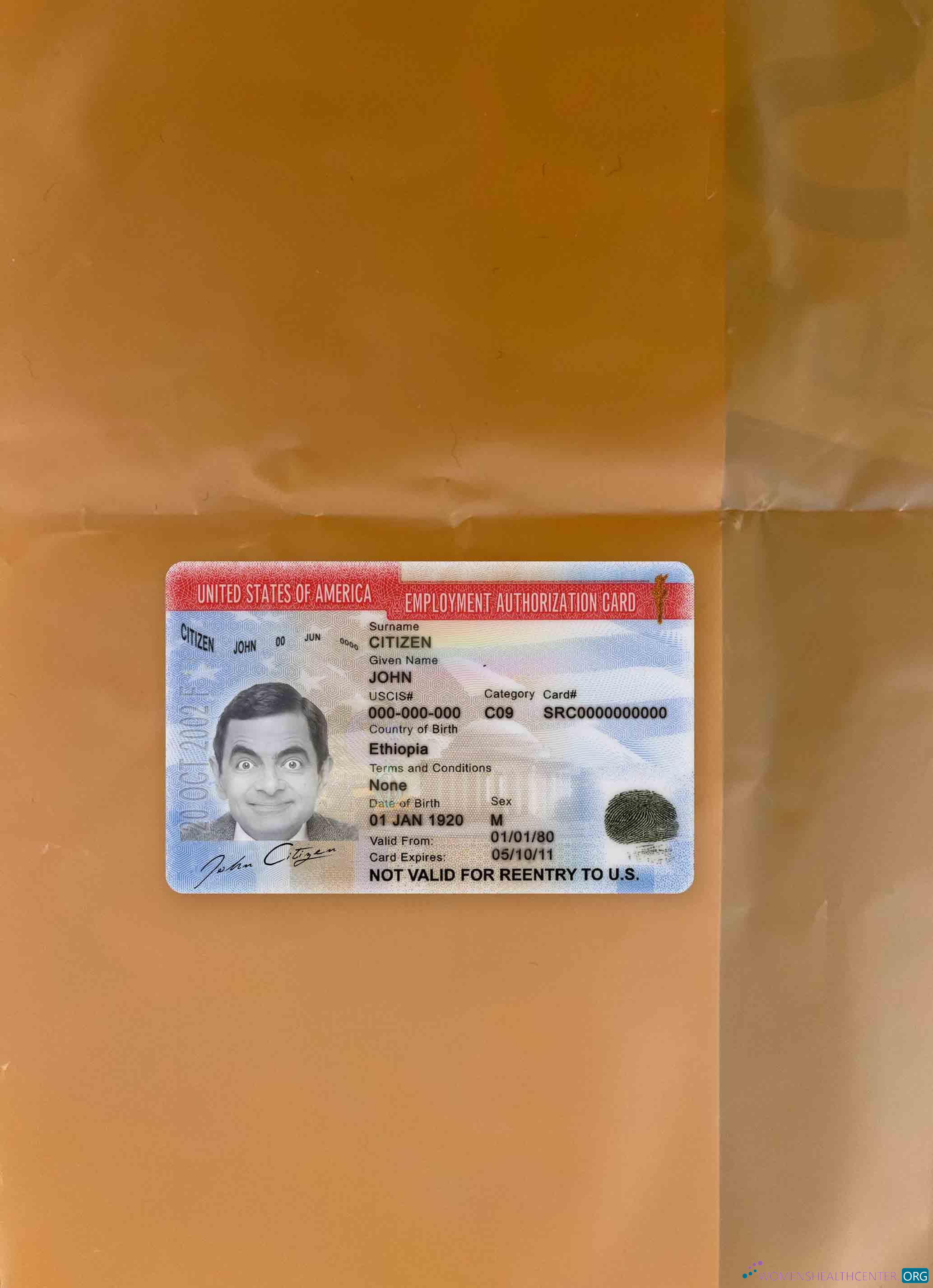 Редактируемый Скачать USA Employment Authorization Карта Версия 2 Фотоэффект Лицевая Сторона Photoshop Шаблон