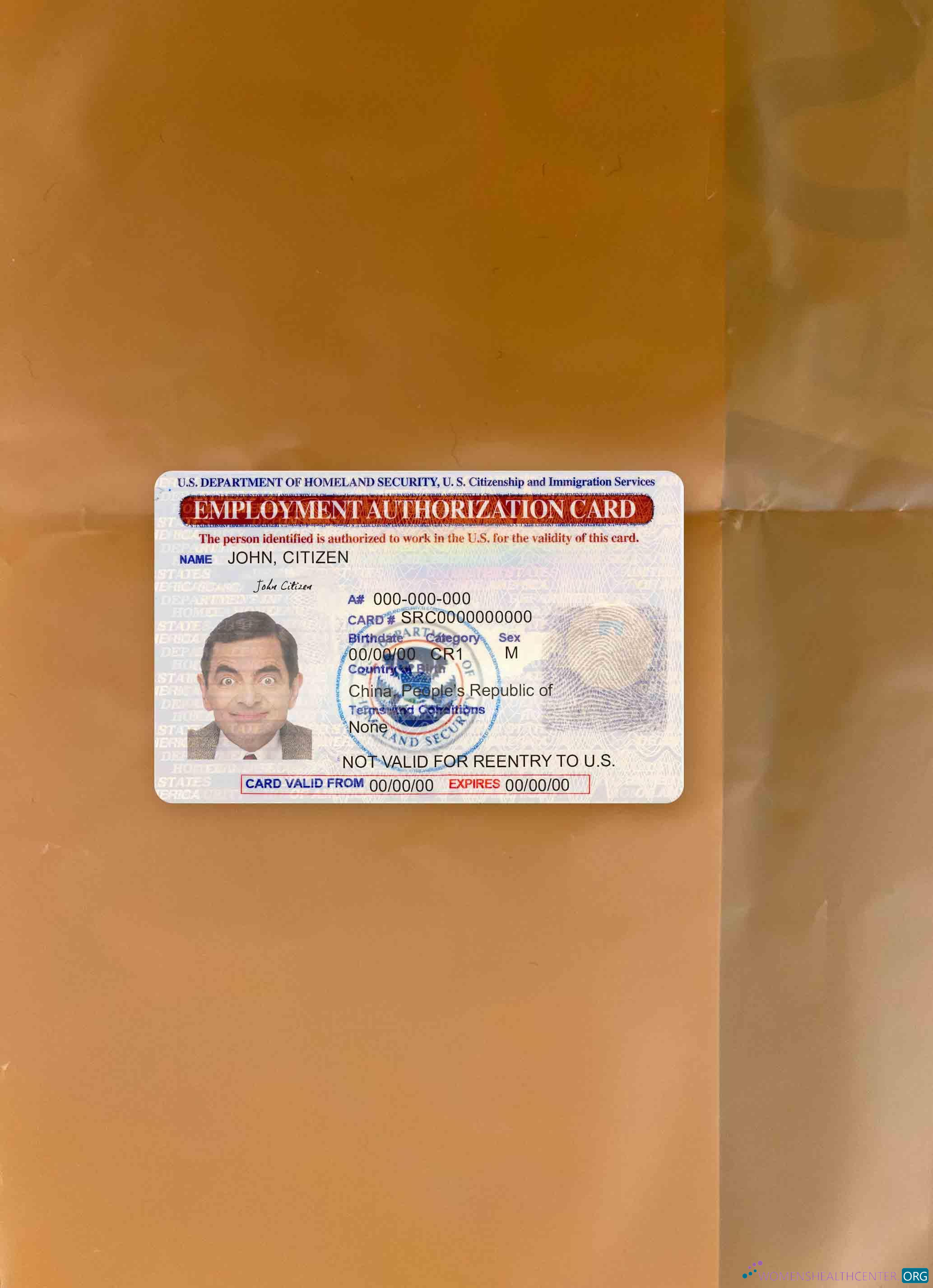 Качественный Скачать США Employment Authorization Карта Фотоэффект Лицевая Сторона Photoshop Шаблон