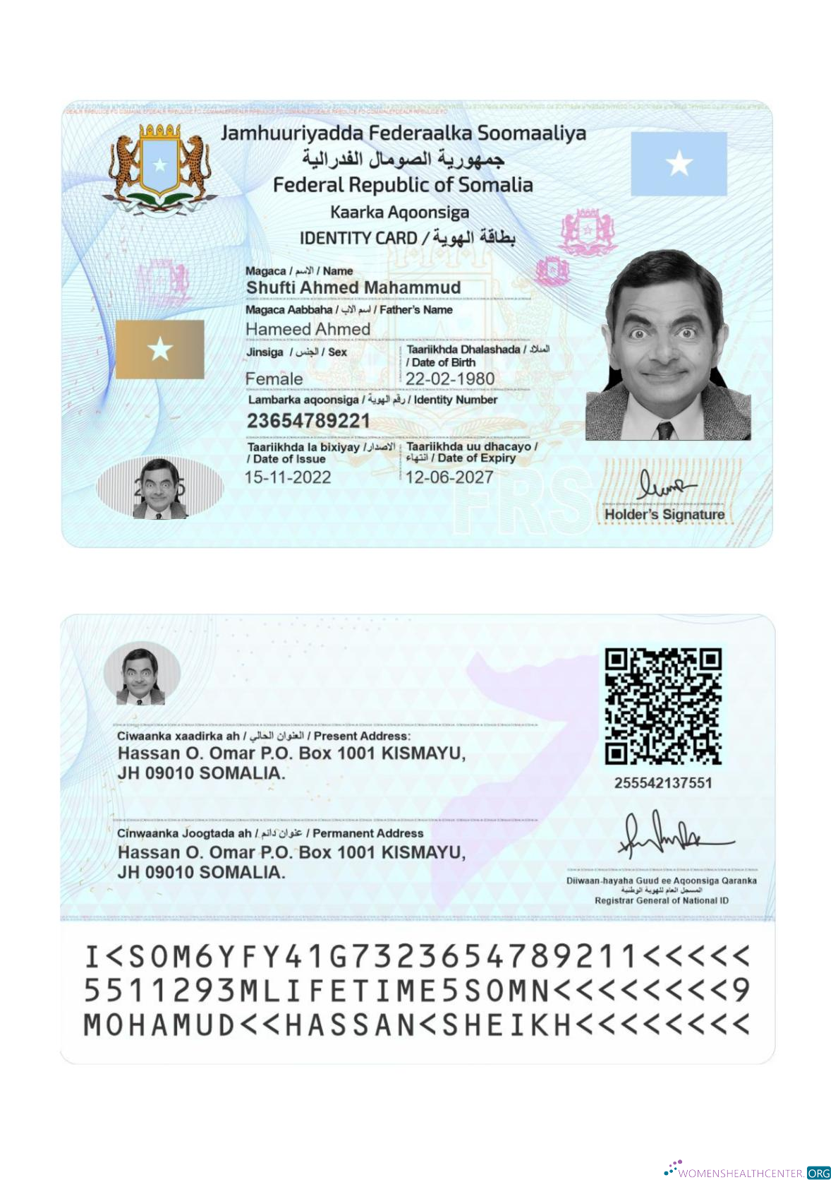 Качественный Скачать Сомали ID Карта 2022 Настоящее Время Photoshop Шаблон