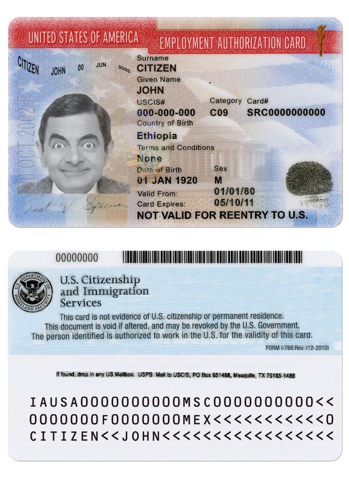 Профессиональный Скачать USA Employment Authorization Карта Версия 2 Photoshop Шаблон