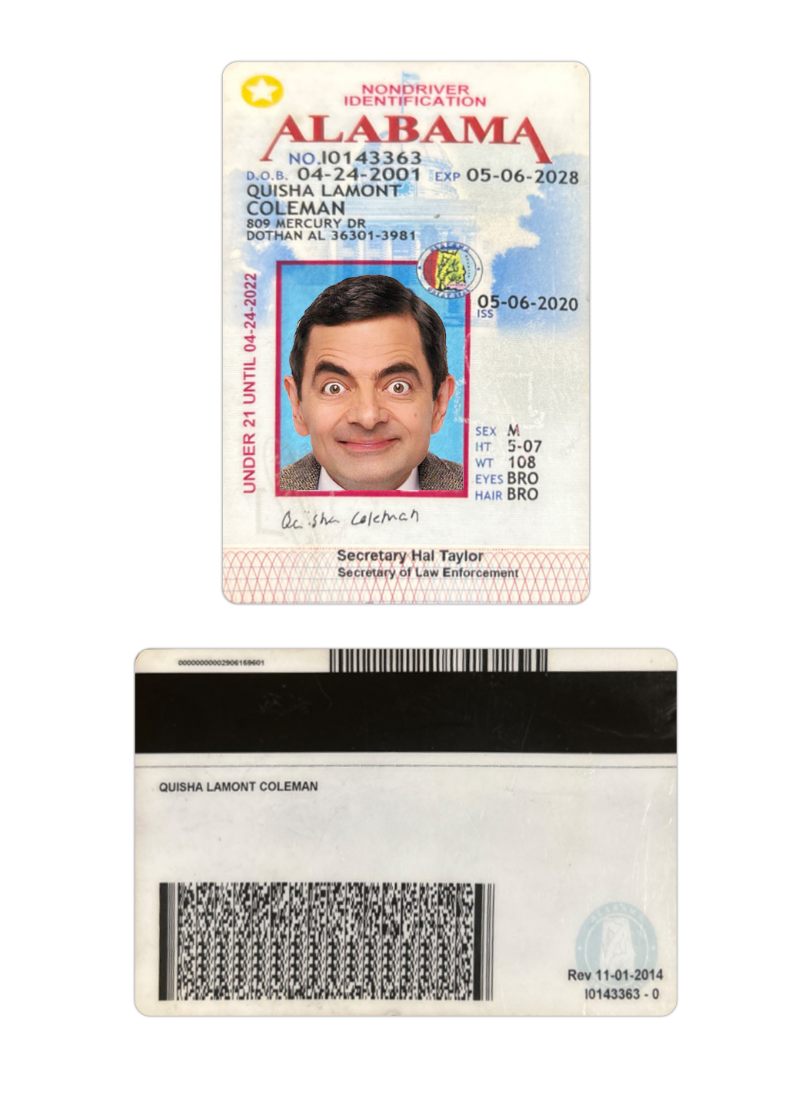 Реалистичный Скачать USA Alabama Under 21 ID Карта Photoshop Шаблон