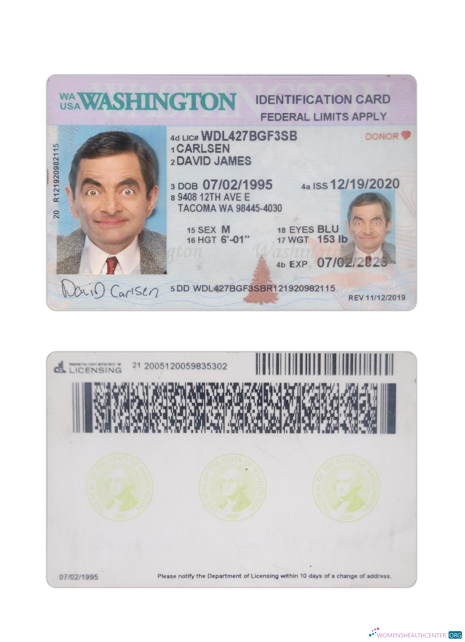 Реалистичный Скачать USA Washington ID Карта 2020 Настоящее Время Photoshop Шаблон