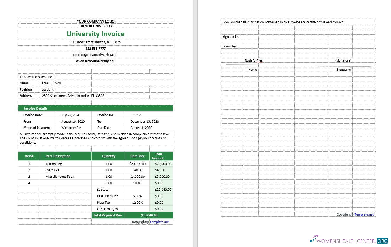 Редактируемый Скачать Blank University Invoice Шаблон Photoshop Шаблон