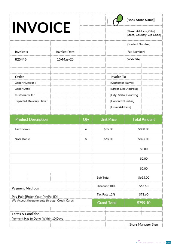 Профессиональный Скачать Book Store Invoice Photoshop Шаблон