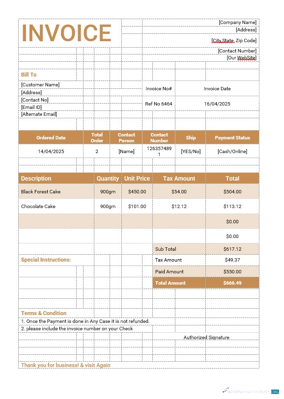 Качественный Скачать Cake Order Invoice Шаблон Photoshop Шаблон