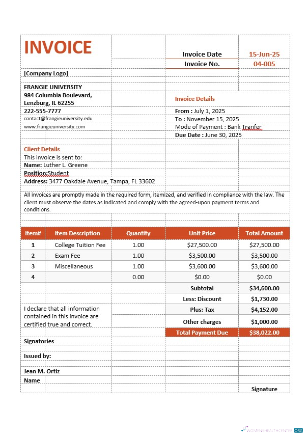 Качественный Скачать College Tuition Invoice Шаблон Photoshop Шаблон