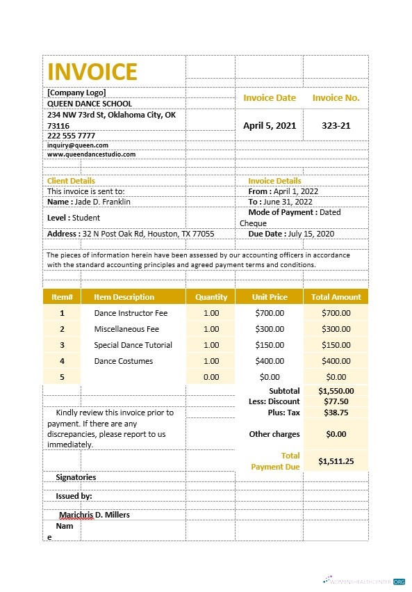 Премиум Скачать Dance School Invoice Шаблон Photoshop Шаблон
