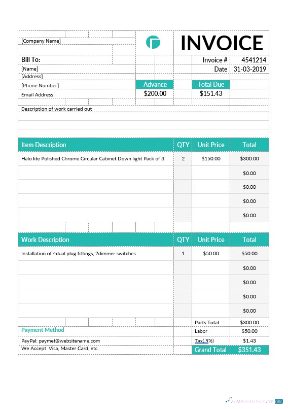 Редактируемый Скачать Electrical Contractor Invoice Шаблон Photoshop Шаблон