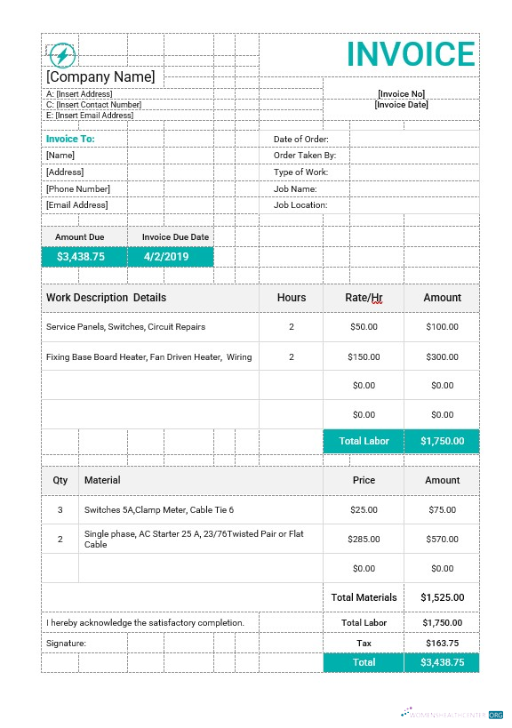 Качественный Скачать Electrical Work Order Invoice Шаблон Photoshop Шаблон