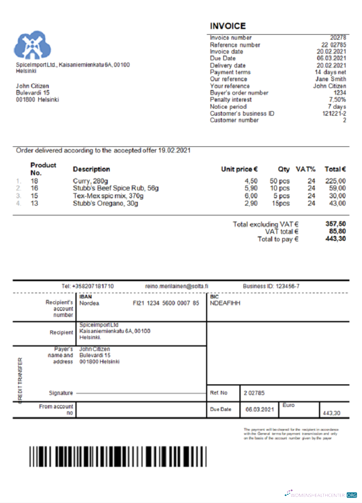 Реалистичный Скачать Финляндия SpiceImport ООО Invoice Photoshop Шаблон