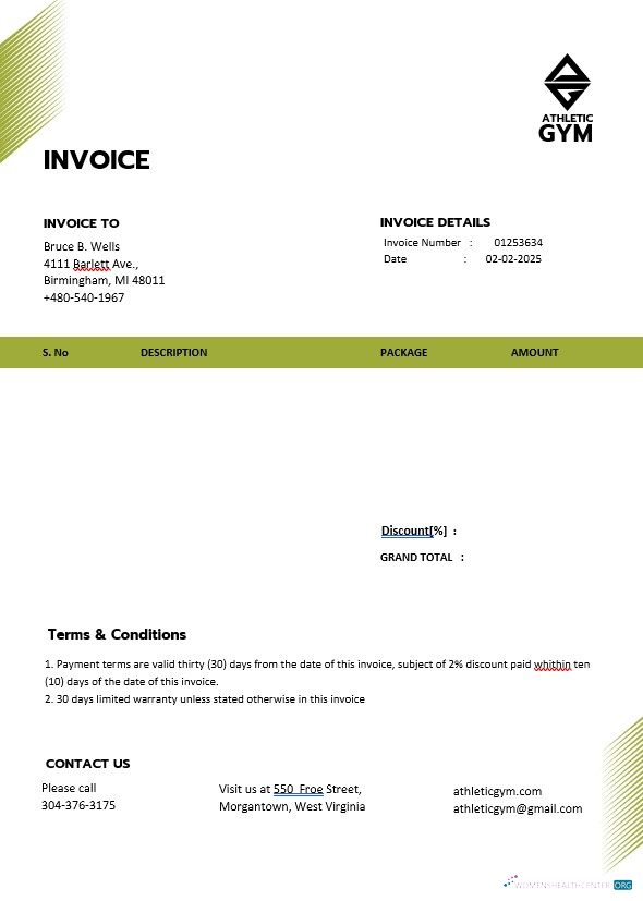 Редактируемый Скачать Fitness Trainer Coach Invoice Шаблон Photoshop Шаблон