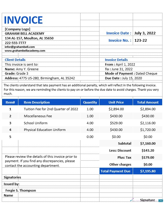 Редактируемый Скачать Free Sample School Invoice Шаблон Photoshop Шаблон
