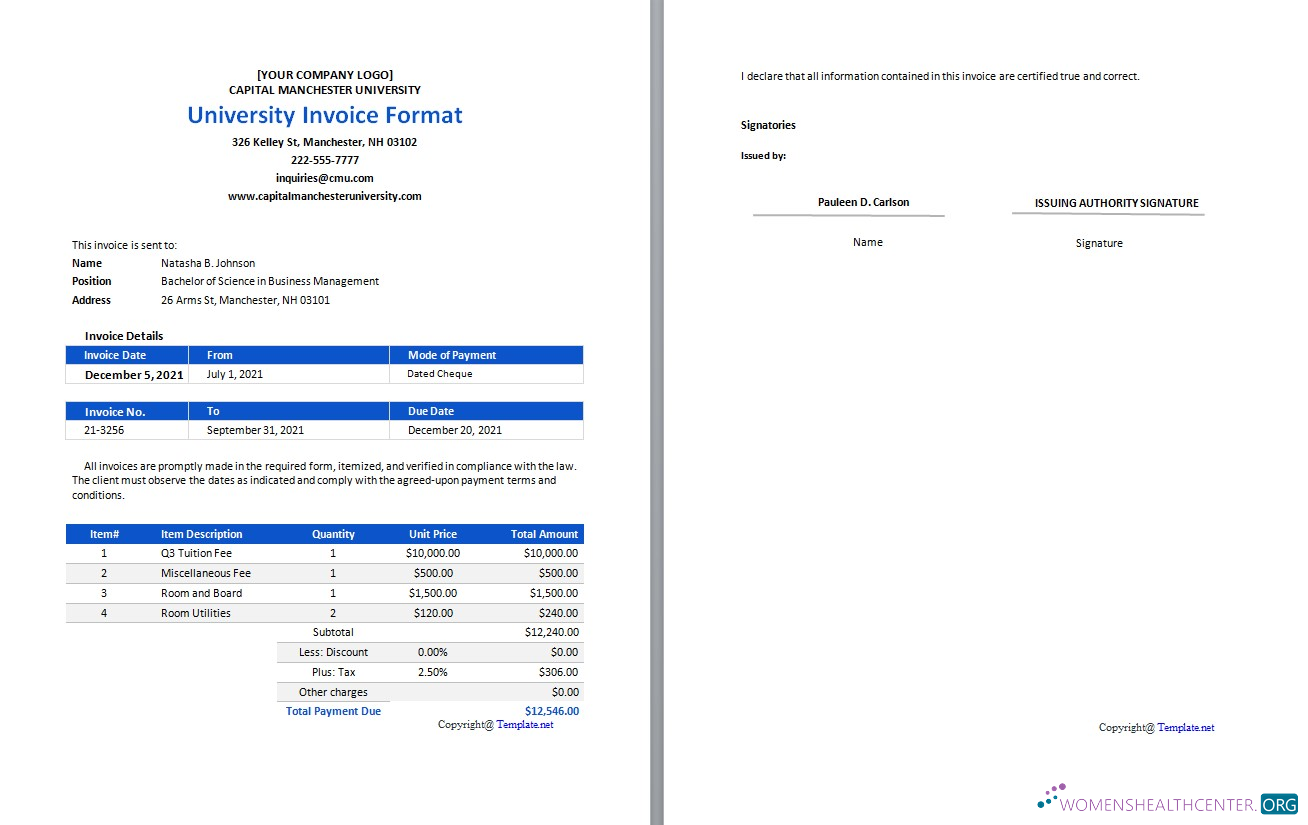 Редактируемый Скачать Free University Invoice Формат Шаблон Photoshop Шаблон