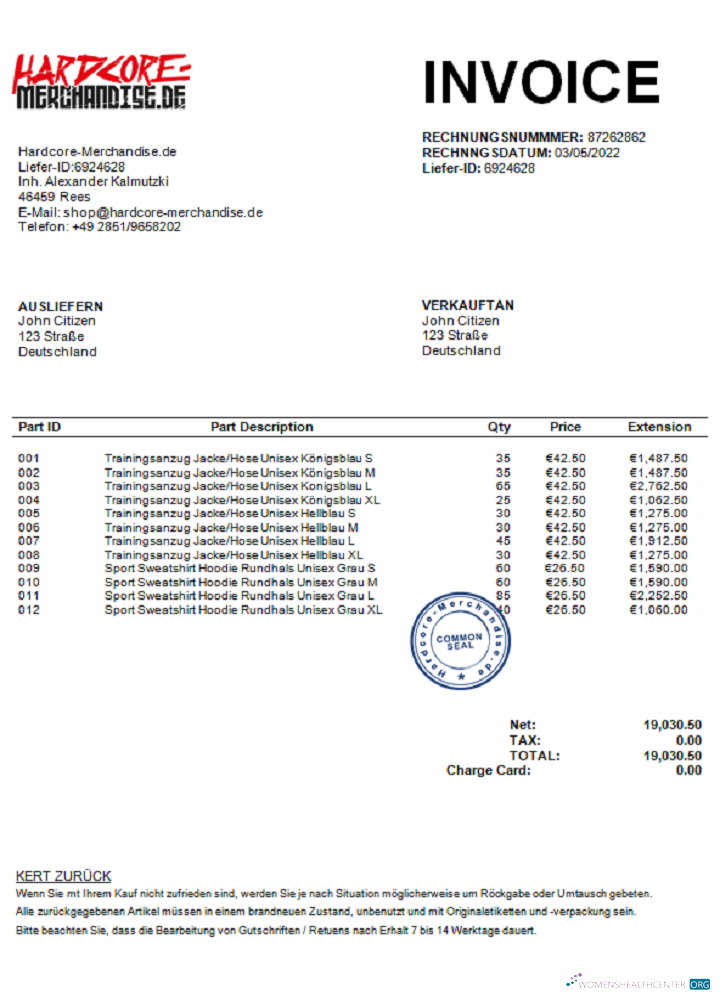 Профессиональный Скачать Германия Hardcore Merchandise Invoice J. C. Doc Photoshop Шаблон