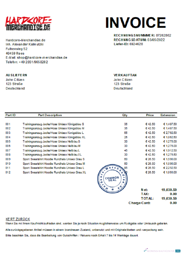 Профессиональный Скачать Германия Hardcore Merchandise Invoice J. C. Xls Photoshop Шаблон