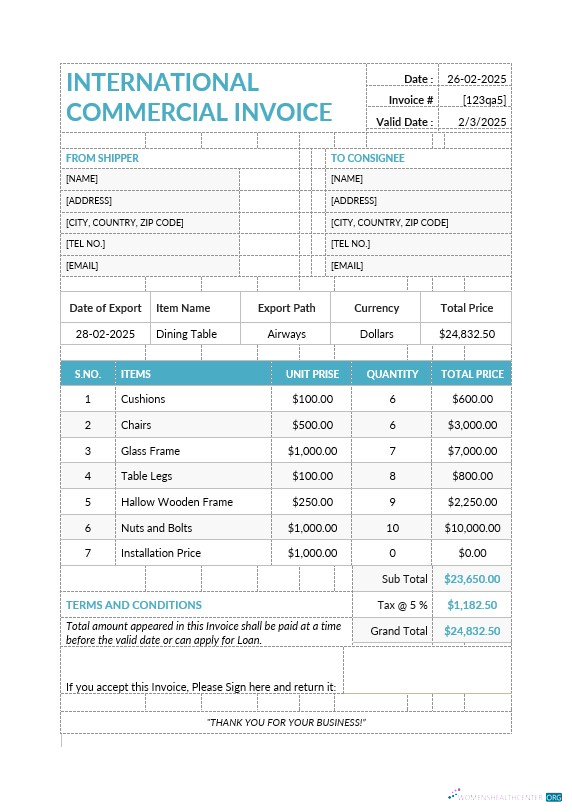 Реалистичный Скачать Международный Коммерческий Invoice Шаблон Photoshop Шаблон