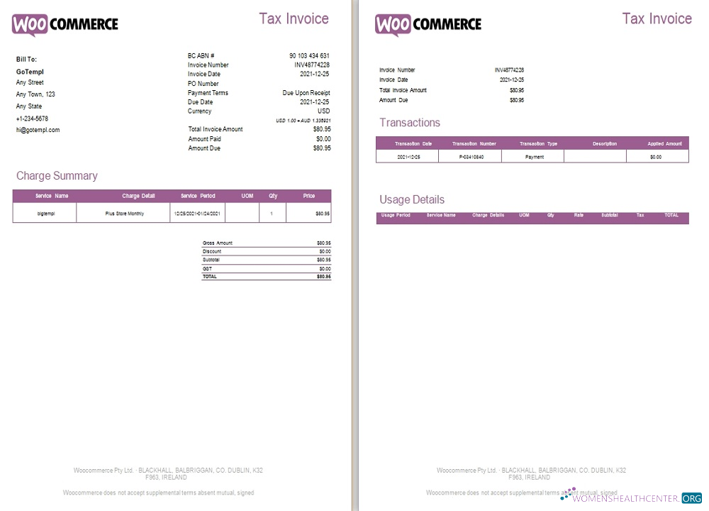 Редактируемый Скачать Ирландия WooCommerce Tax Invoice Photoshop Шаблон