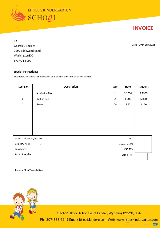 Редактируемый Скачать Kindergarten School Invoice Шаблон Photoshop Шаблон