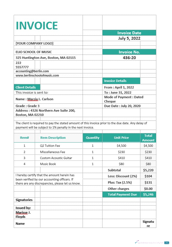 Профессиональный Скачать Music School Invoice Шаблон Photoshop Шаблон