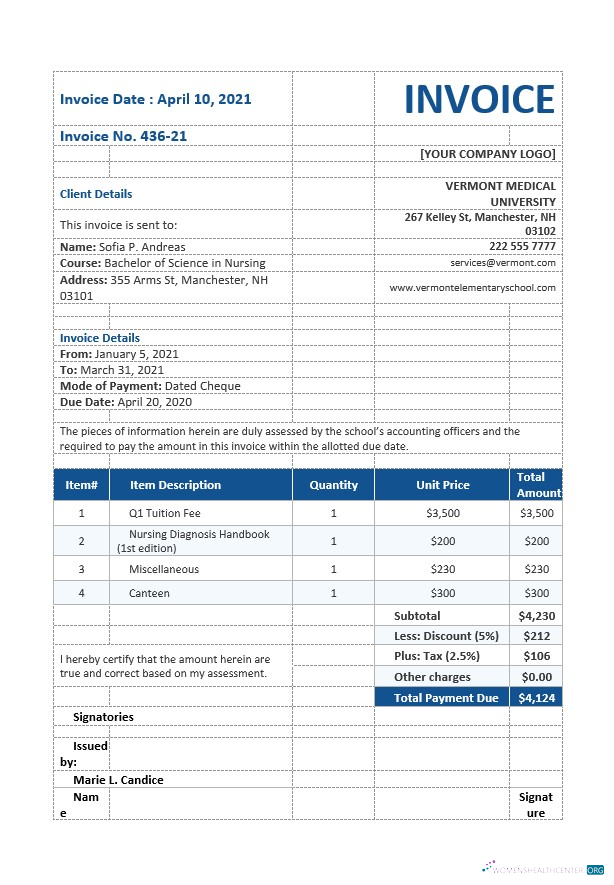 Профессиональный Скачать Nursing School Invoice Шаблон Photoshop Шаблон