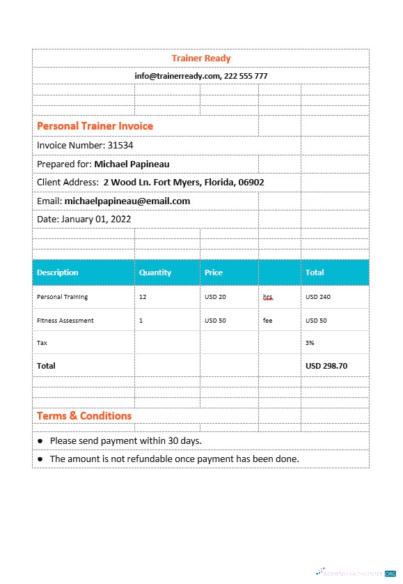 Профессиональный Скачать Personal Trainer Invoice Шаблон Photoshop Шаблон