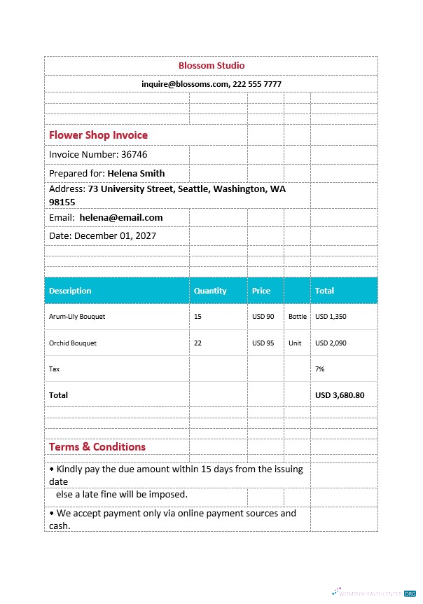 Качественный Скачать Printable Flower Shop Invoice Шаблон Photoshop Шаблон