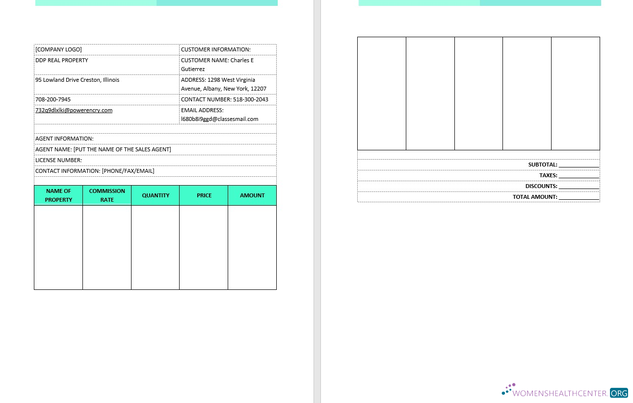 Редактируемый Скачать Real Estate Brokerage Комиссия Invoice Шаблон Photoshop Шаблон