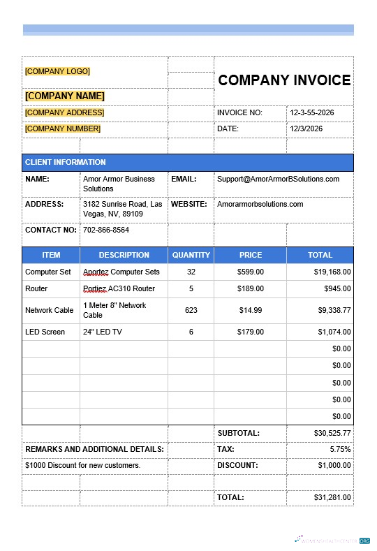 Реалистичный Скачать Sample IT Компания Invoice Шаблон Photoshop Шаблон