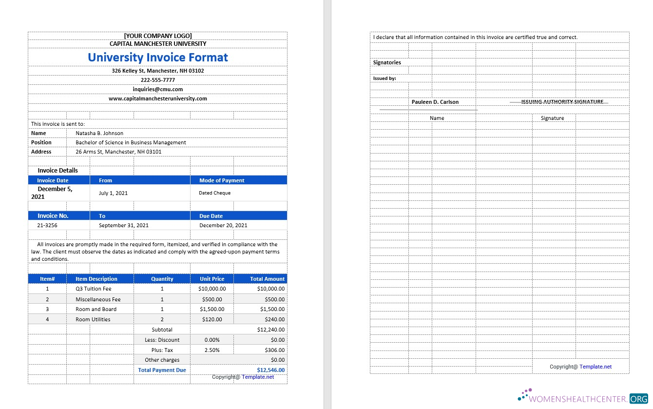 Редактируемый Скачать Sample University Invoice Шаблон Photoshop Шаблон