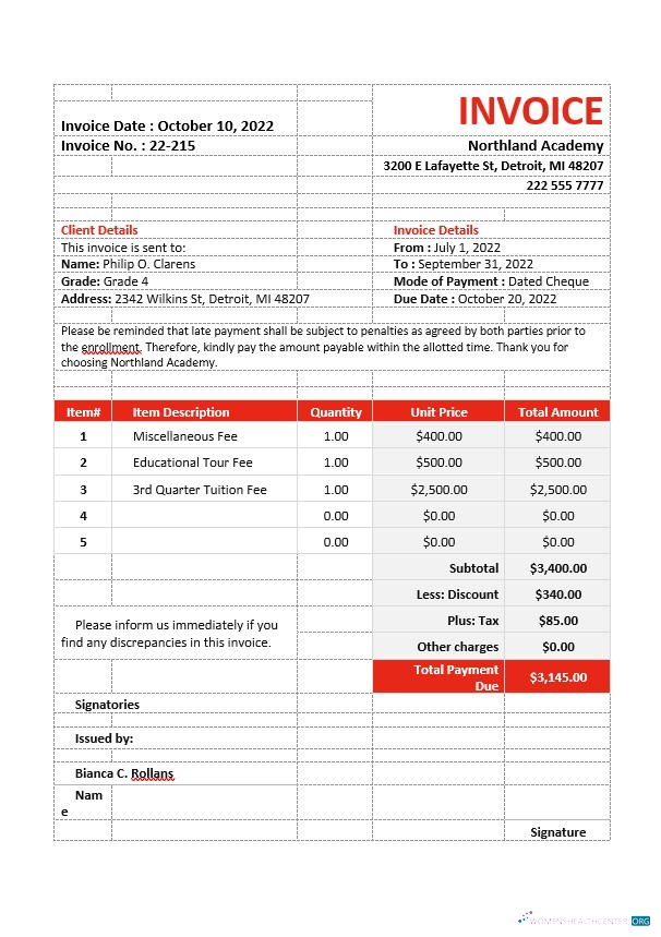 Редактируемый Скачать School Fees Invoice Шаблон Photoshop Шаблон