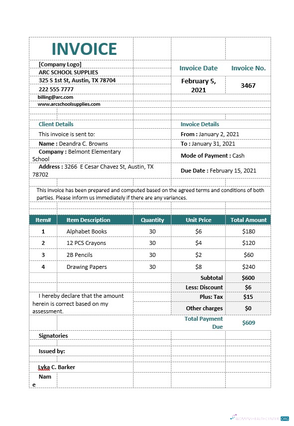 Качественный Скачать School Снабжение Order Invoice Шаблон Photoshop Шаблон