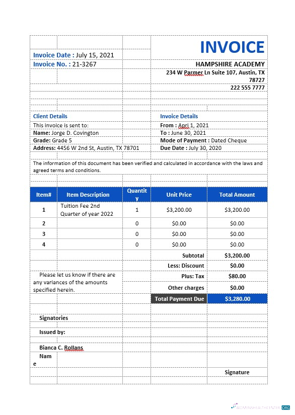 Премиум Скачать School Tuition Invoice Шаблон Photoshop Шаблон