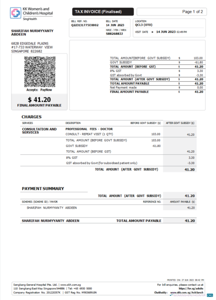 Премиум Скачать Сингапур KK Hospital Tax Invoice Word и PDF Шаблон Photoshop Шаблон