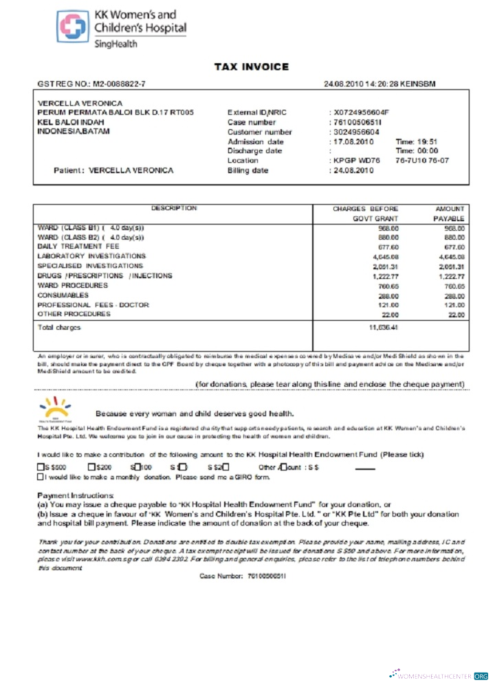 Реалистичный Скачать Сингапур KK Women’s и Children’s Hospital Tax Invoice Photoshop Шаблон
