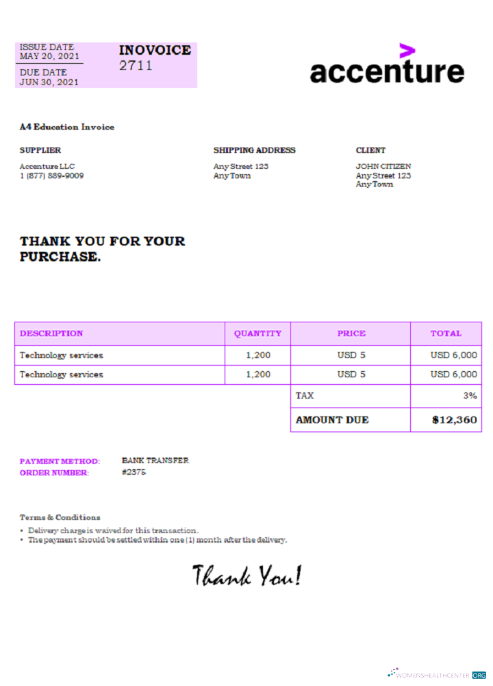 Редактируемый Скачать USA Accenture Invoice Photoshop Шаблон