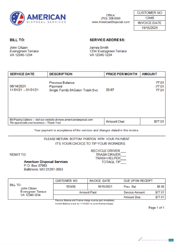 Премиум Скачать USA American Disposal Invoice Photoshop Шаблон