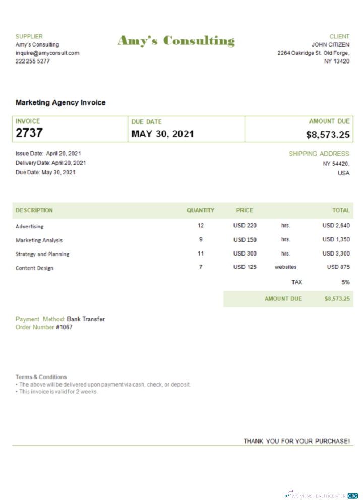 Редактируемый Скачать USA Amy’s Consulting Invoice Шаблон Photoshop Шаблон