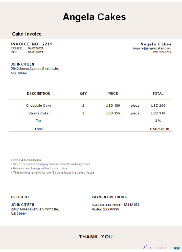 Премиум Скачать USA Angela Cakes Invoice Photoshop Шаблон